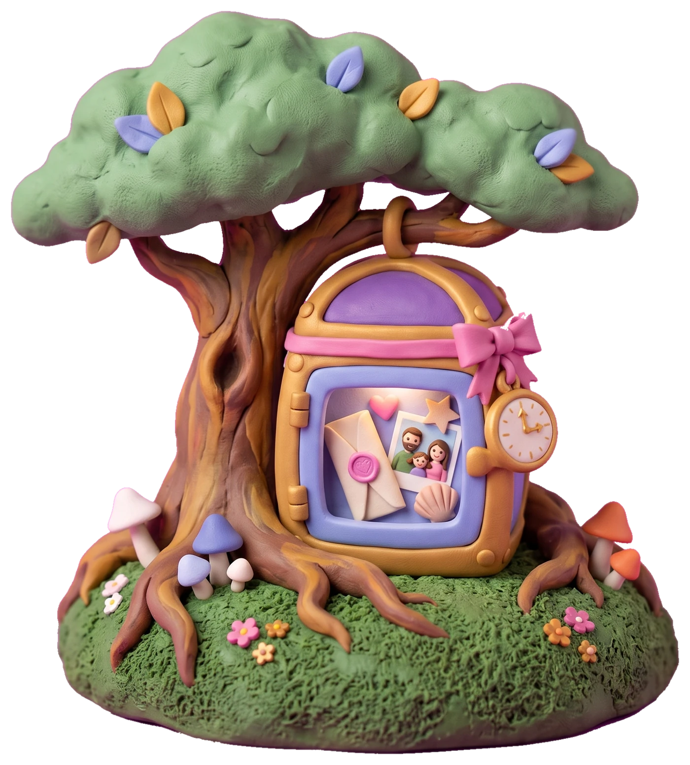 A golden clay time capsule with a glass window showing a letter, a photo and a heart, tucked safely into the roots of a small clay tree with a clock tag hanging from its bow