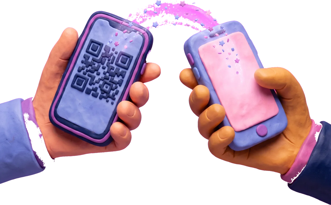 Two clay phones held toward each other, one showing a QR code