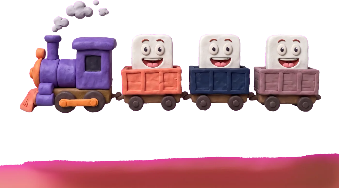The purple clay WakieUp train pulling three cars with smiling tiles