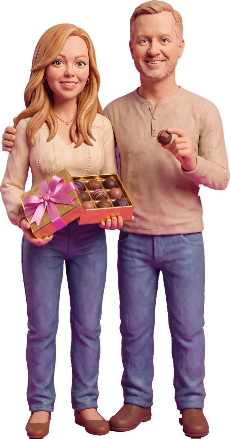 Claymation Carrie and Nate stand on the sidewalk outside a chocolate shop in Heber City, holding a gold box of truffles, with Mt. Timpanogos behind them.