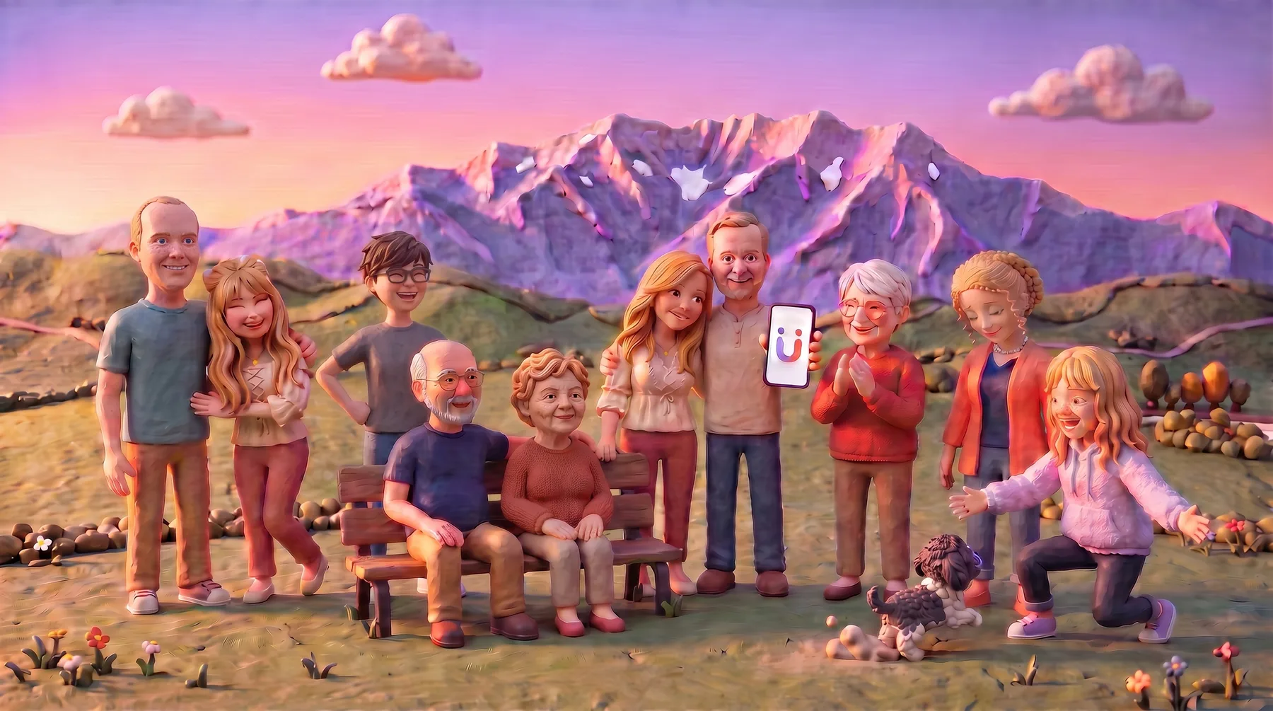 The WakieUp family as claymation puppets in a meadow in Heber City, Mount Timpanogos behind them